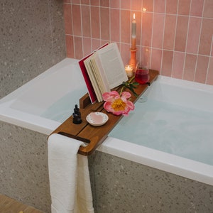Bath board and reading tray with wine glass holder, book or iPad stand, candle place, bathroom caddy, bath accessories, Mother's Day gift