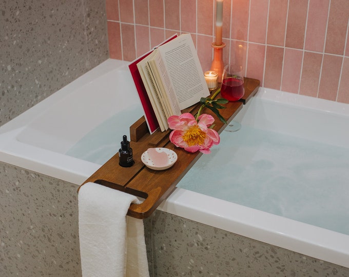 Bath board and reading tray with wine glass holder, book or iPad stand, candle place, bathroom caddy, bath accessories, Mother's Day gift