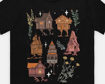 Baba Yaga Houses Black T-shirt (witchy, cottagecore, whimsigoth botanical clothing)