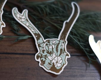 Mint and Gold Deer Skull Sticker (cottagecore, floral skull, botanical decal)