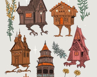 Baba Yaga Houses Art Print (light) met heksachtig cottagecore-decor