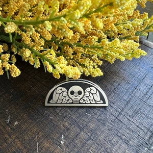 Death's Head Silver Enamel Pin (cemetery set, gravestone pin, winged skull)