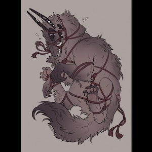 May include: A gray, furry creature with horns is tied up with red rope. The creature has a distressed expression and is bound at the paws and neck.