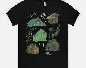 Mossy Houses Tshirt (cute cottagecore forest core ferns botanical witchy shirt)