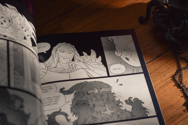 May include: Black and white comic book page with a man with long hair and a beard, a creature with horns and teeth, and the text "Owl..." and "HAT SOF".