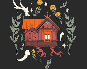 Winter Baba Yaga-huis 8 x 8" kunstafdruk