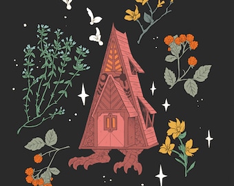 Summer Baba Yaga House 8x8&quot; art print (witchy home decor, wall hanging, folklore forestcore botanical illustration)