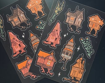 Baba Yaga Sticker Sheet (witchy botanical stickers gothic cottagecore art flowers houses)