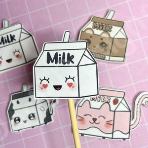 Naklejka na karton mleka | naklejki na artykuły papiernicze | naklejka kawaii | naklejka | artykuły papiernicze | mleko | krowa | kot | truskawka | czekolada | naklejki