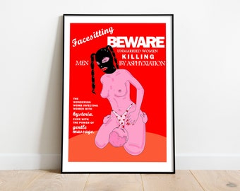 BEWARE FACESITTING | Feminist Art Print | bondage art print mask dominant fetish | Wall Art | Line Drawing