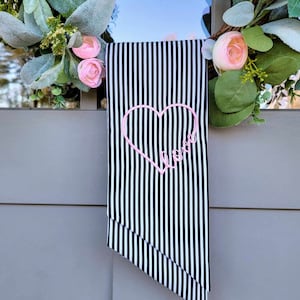 Black and White Stripes Wreath Sash for Front Door Modern Farmhouse Decor Embroidered Wreath Scarf for Valentines Day Personalized Gift