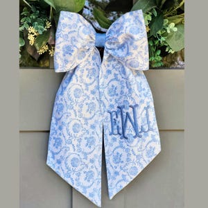 Bow Light Blue Chinoiserie Sash for Boxwood Wreath Chinoiserie Blue Embroidered Scarf for Front Door Wreath Decor Monogrammed Bow for Mirror