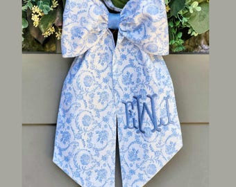 Bow Light Blue Chinoiserie Sash for Boxwood Wreath Chinoiserie Blue Embroidered Scarf for Front Door Wreath Decor Monogrammed Bow for Mirror