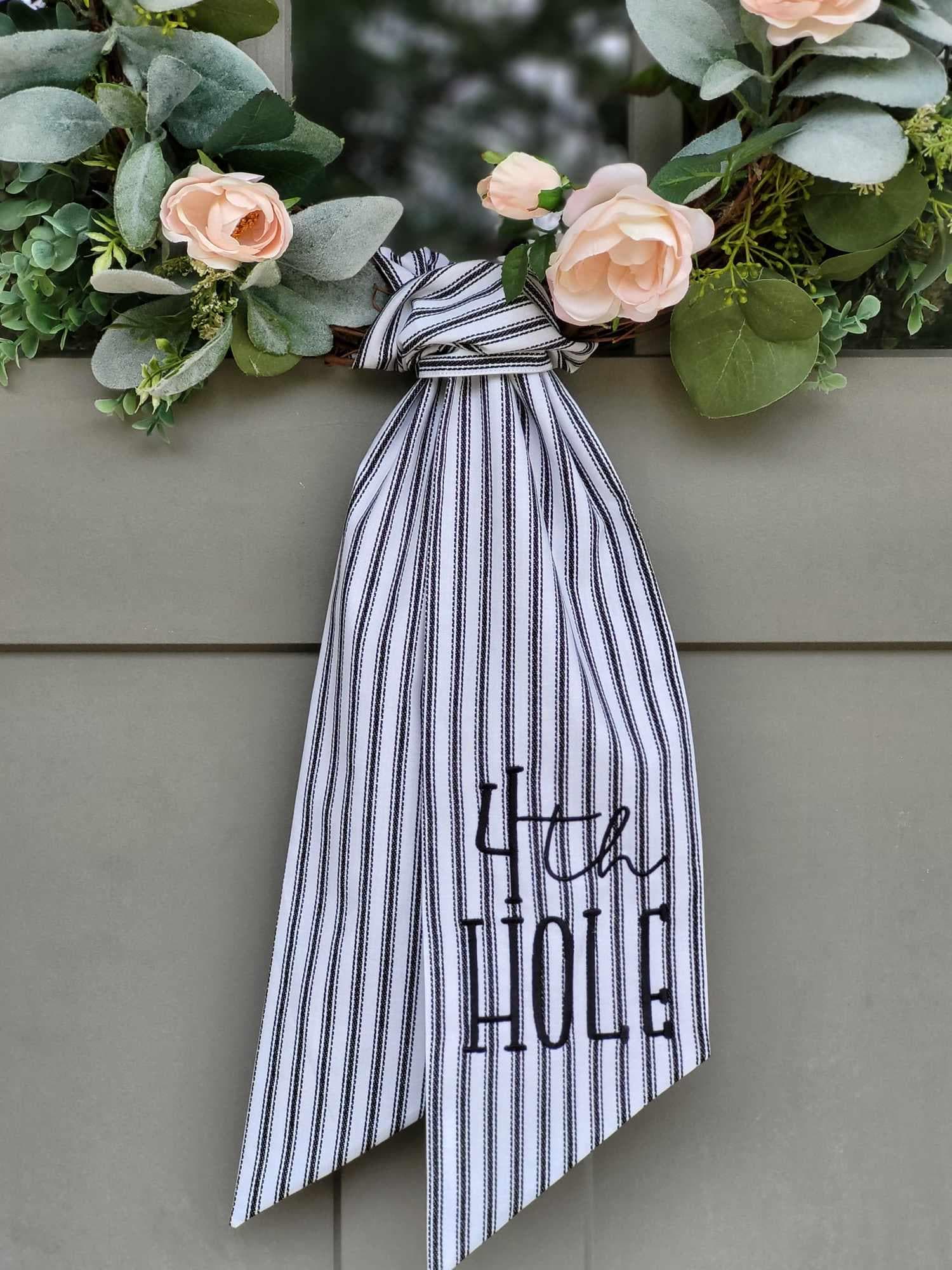 Personalized Black Ticking Stripe Wreath Sash for Front Door, Modern Farmhouse Decor, Striped Embroidered Scarf for Boxwood Wreath, Birthday Gift for Friend