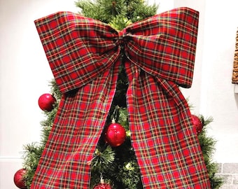 Tree Topper: Large Red Plaid Bow, Tartan Christmas Tree Bow, Oversized Bow for Wreath, Front Door Traditional Holiday Decor, 15x30 inches