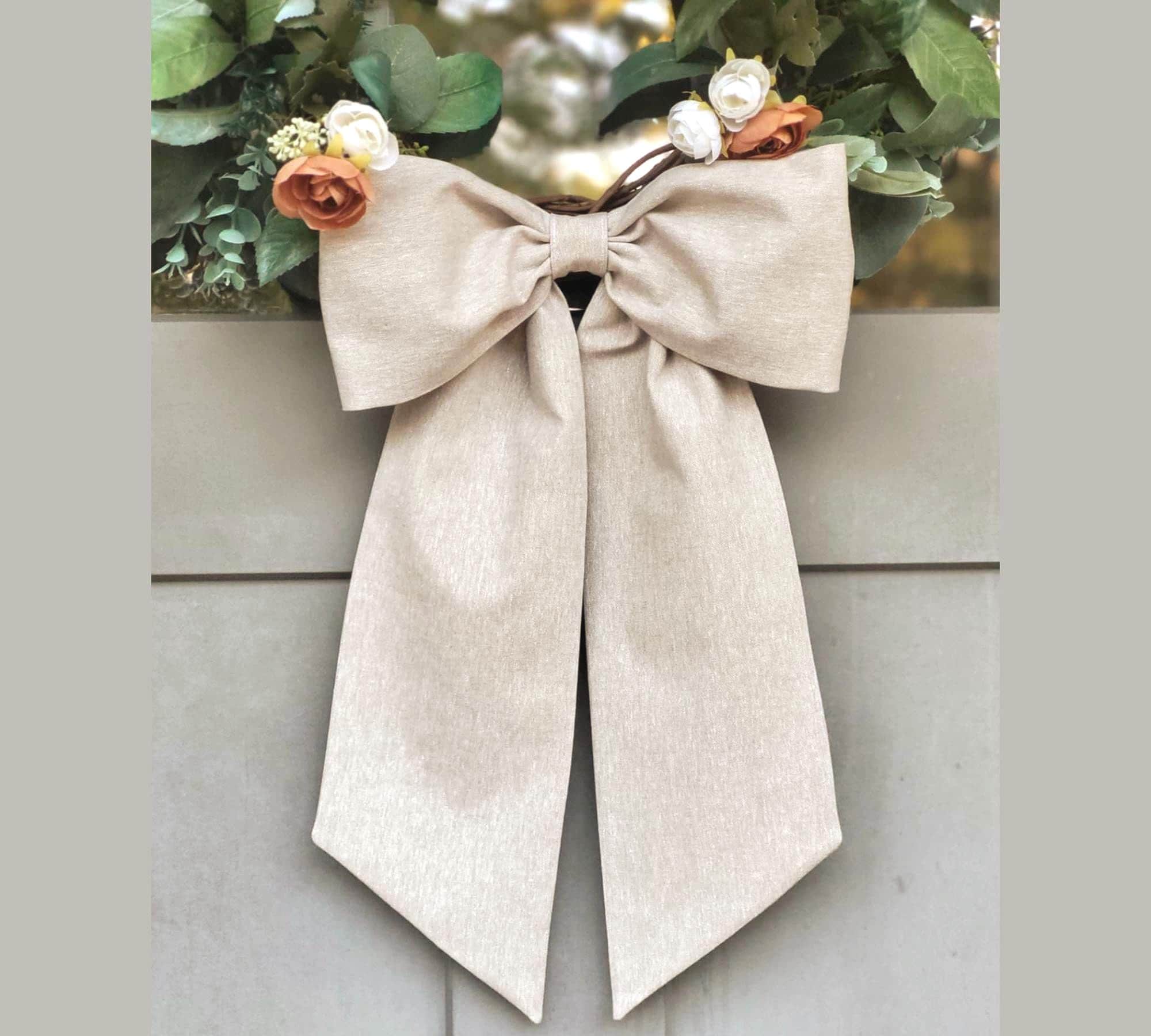Monogrammed Beige Linen-Cotton Wreath Bow: Embroidered Initial Fall Decor