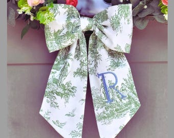 Green Toile Wreath Bow: Embroidered Monogram Fabric Bow, Green Chinoiserie Ribbon, Christmas Green Toile Decor, French Country Toile de Jouy