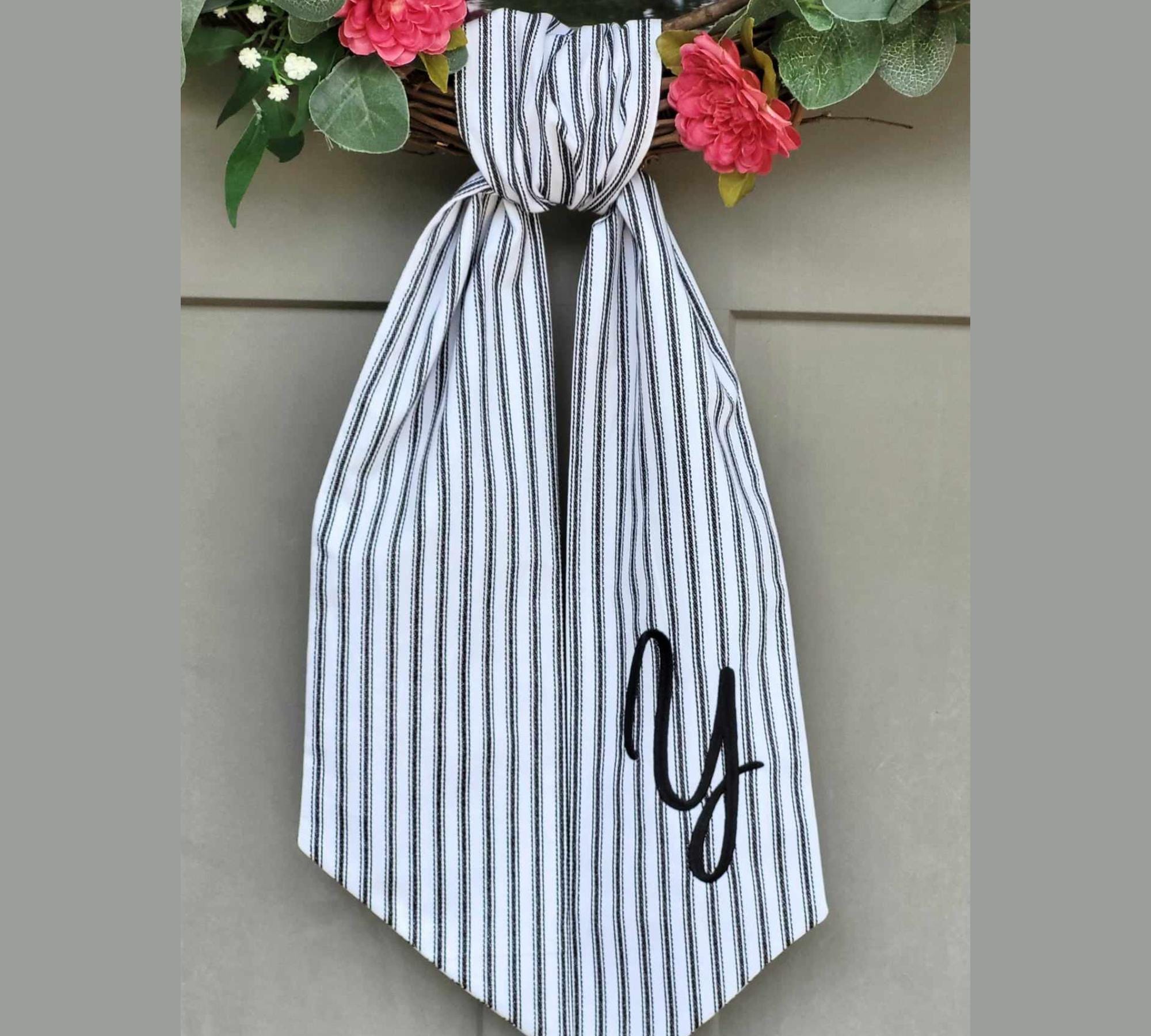 Personalized Black Ticking Stripe Wreath Sash for Front Door, Modern Farmhouse Decor, Striped Embroidered Scarf for Boxwood Wreath, Birthday Gift for Friend