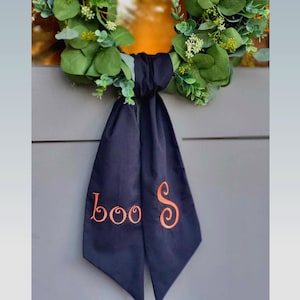 Halloween Wreath Sash for Halloween Embroidered Fall Wreath Scarf for Front Door Black Orange Decor Monogram Bow Halloween Door Hanger "Boo"