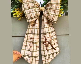 Personalized Plaid Fall Wreath Bow: Embroidered Initial, Neutral Decor