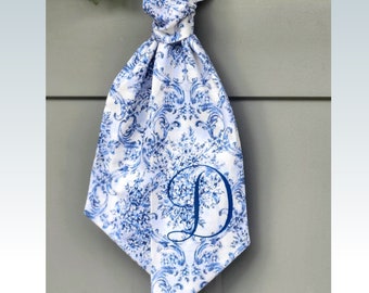 Personalized Wreath Sash: Bridal Shower Decor, Blue Chinoiserie Wreath Sash, Floral Embroidered Initial Bow, Personalized Bridal Shower Gift