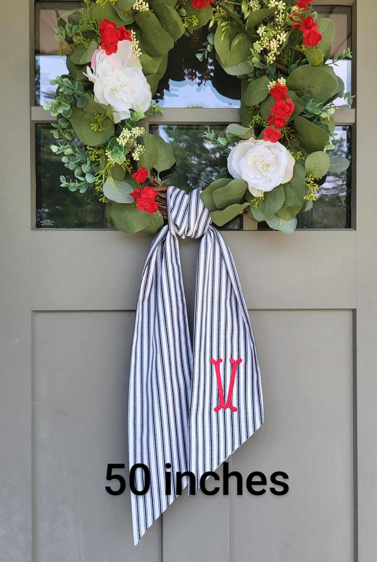 Personalized Black Ticking Stripe Wreath Sash for Front Door, Modern Farmhouse Decor, Striped Embroidered Scarf for Boxwood Wreath, Birthday Gift for Friend