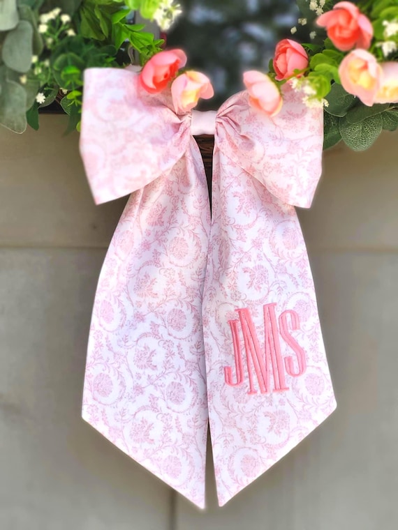 Pink Chinoiserie Embroidered Bow: Monogrammed Wreath Sash, Baby Shower Decor, Custom Pink Toile Wedding Ribbon, Girl Bedroom Decor