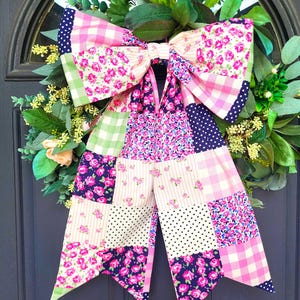 Large Wreath Bow: Patchwork-Style Front Door Hanger, Floral Pink and Navy Bow, Spring Porch Decor, Trendy Patchwork Bow