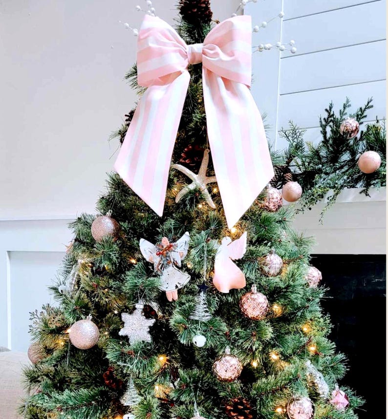 Large Pink Tree Topper Tree Topper Pink: Striped Pink Bow for Christmas Tree, Bow for Pencil ...