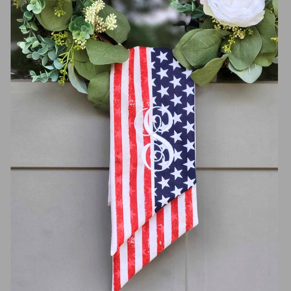 American Flag Wreath Sash for Memorial Day Decor for 4th of July Embroidered Patriotic Scarf for Front Door Wreath Sash Summer Monogrammed