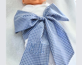 Personalized Gingham Newborn Photo Sash or Bow: Embroidered Monogram