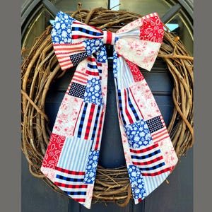 Americana Wreath Sash: Patchwork Sash 4th of July Embroidered Patriotic Scarf for Front Door Summer Monogrammed Ribbon Red White  Blue Bow
