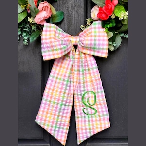 Gingham Seersucker Bow: Spring Door Hanger, Embroidered Easter Wreath Sash, Rainbow Gingham Easter Basket Bow, Pastel Color Front Door Decor