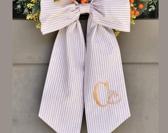 Embroidered Pumpkin Fall Wreath Bow: Striped Cotton Thanksgiving Decor
