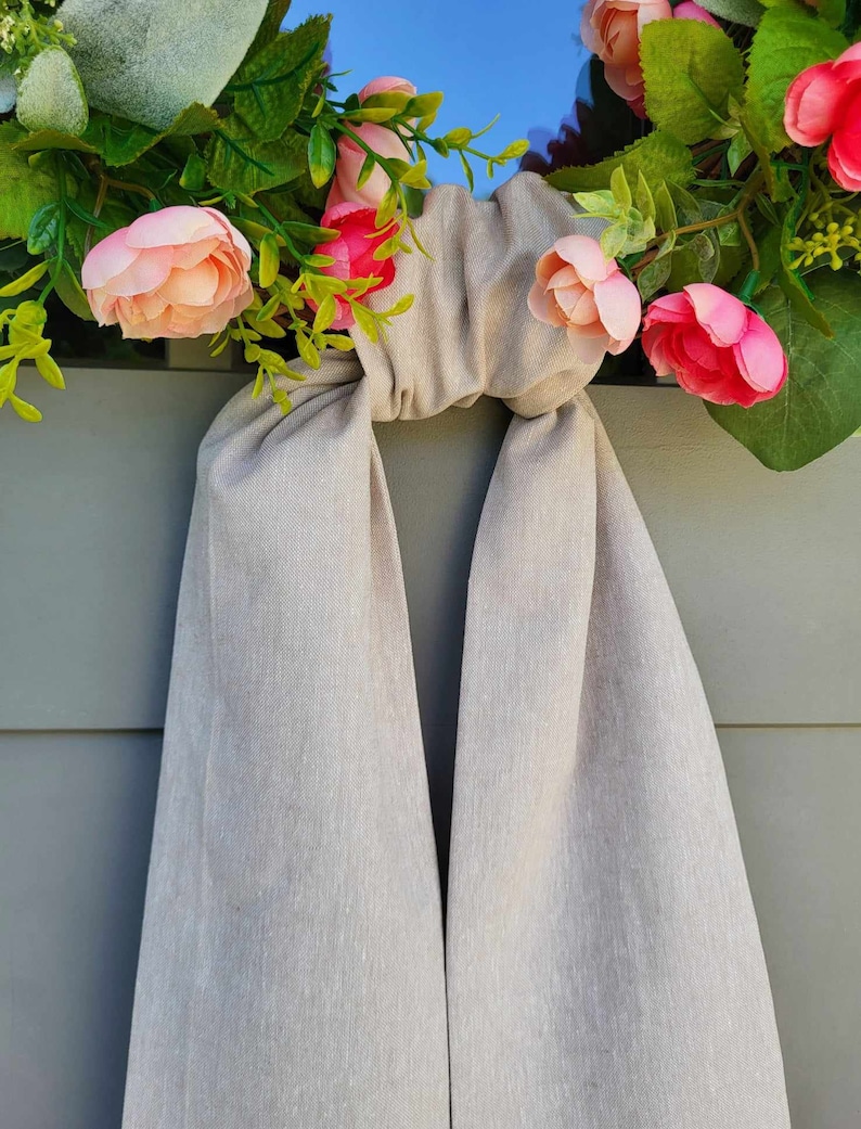 Neutral Wreath Sash Linen-Cotton Blend Beige Scarf for Boxwood Wreath Monogrammed Ribbon Tan Sash Embroidered with Initial Year Round Decor image 14