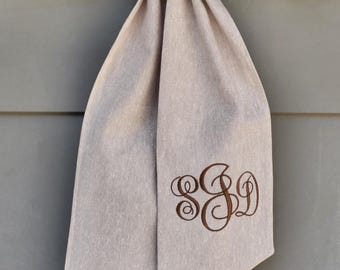 Neutral Wreath Sash Linen-Cotton Blend Beige Scarf for Boxwood Wreath Monogrammed Ribbon Tan Sash Embroidered with Initial Year Round Decor