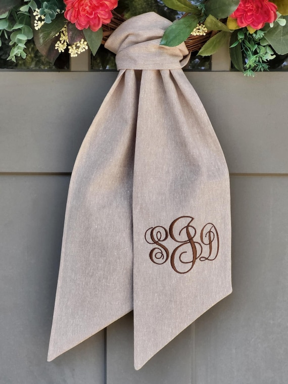 Neutral Wreath Sash Linen-Cotton Blend Beige Scarf for Boxwood Wreath Monogrammed Ribbon Tan Sash Embroidered with Initial Year Round Decor