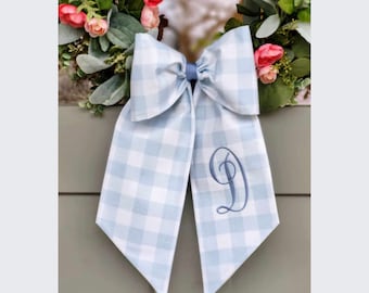 Blue Buffalo Check Wreath Bow for Front Door Wreath Blue Gingham Easter Sash Embroidered Monogrammed Wreath Scarf Plaid Bow for Nursery Wall