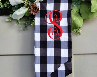 Buffalo Check Wreath Sash for Front Door Farmhouse Decor Black and White Buffalo Check Personalized Gift Housewarming Embroidery Monogram