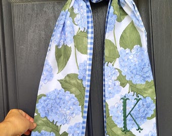 Layered Hydrangea Wreath Sash: 1 Hydrangea + 1 Blue Gingham Sash for Front Door, Monogram Embroidered Ribbon, Spring Porch Decor