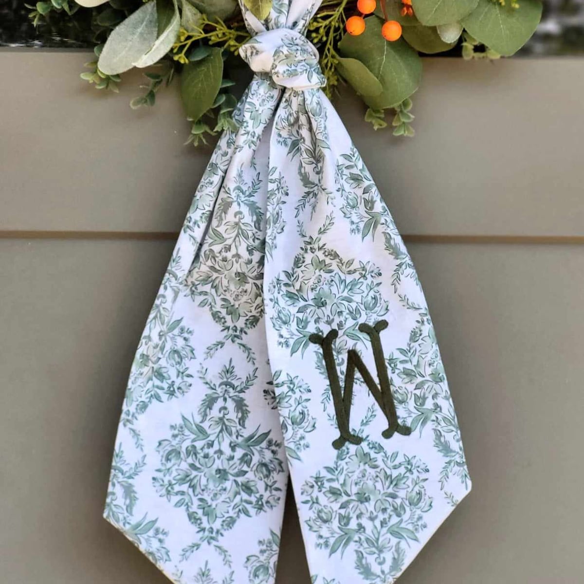 Wreath Sash Chinoiserie Green Monogram