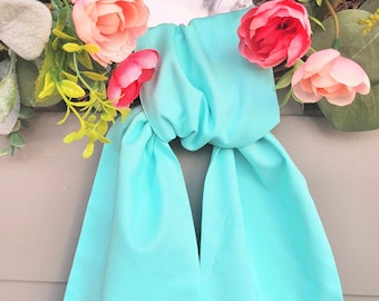 Personalized Wreath Sash Aqua Spring Front Door Decor Blue Wreath Scarf Monogrammed Sash Gift for Girlfriend Bow Embroidered Initial Ribbon