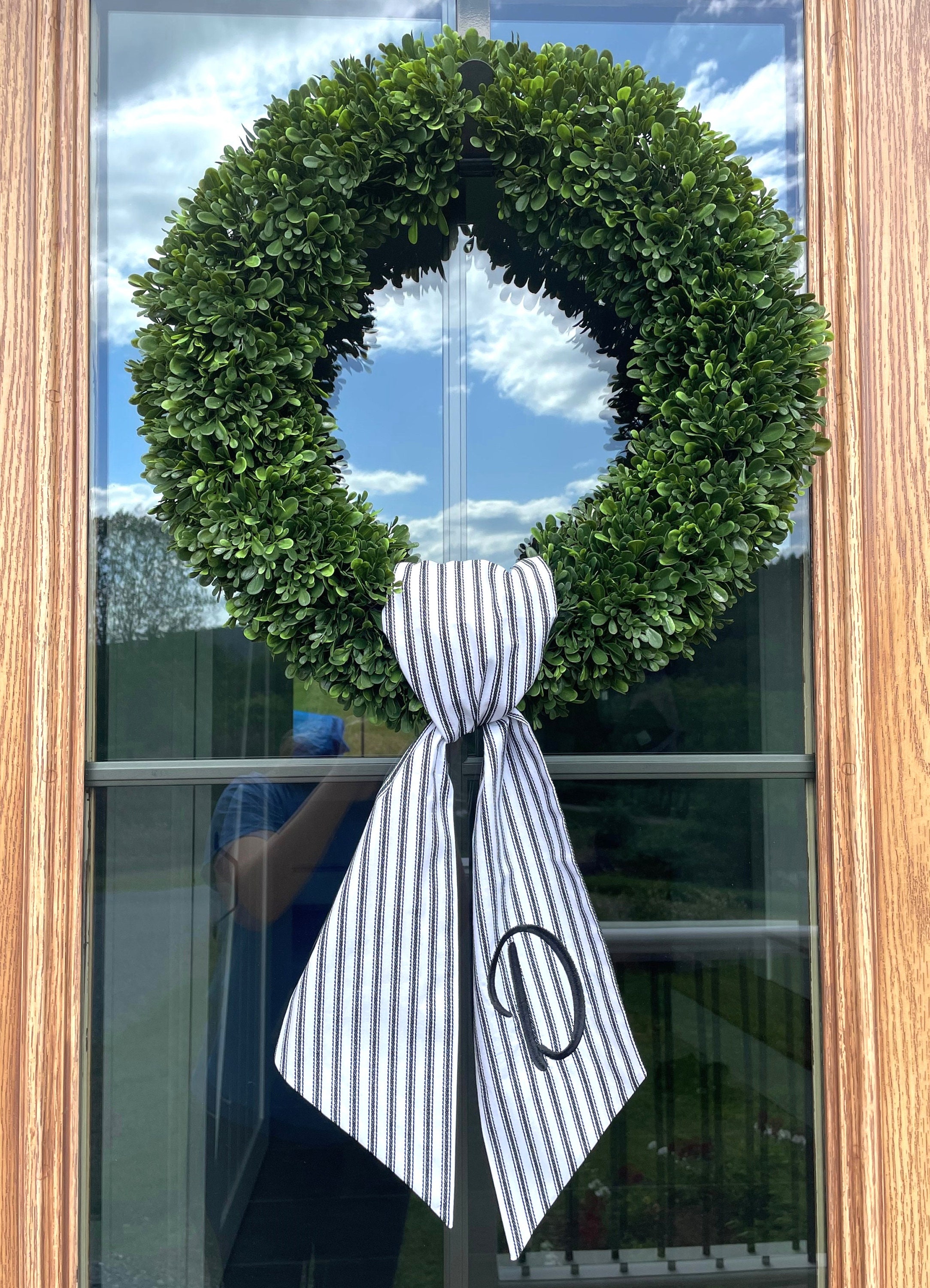 Personalized Black Ticking Stripe Wreath Sash for Front Door, Modern Farmhouse Decor, Striped Embroidered Scarf for Boxwood Wreath, Birthday Gift for Friend