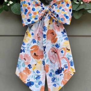 Reversible Floral Bow for Boxwood Wreath Sash Spring Double-Sided Scarf Wreath Sash Summer Decor Coral and Navy Housewarming Gift for Friend