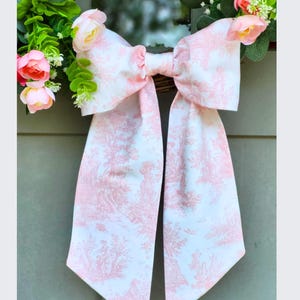 Pink Toile Wreath Bow: Embroidered Monogram Cotton Sash, Girl Bedroom Decor, Baby Shower Custom Bow, Chinoiserie Pink Ribbon