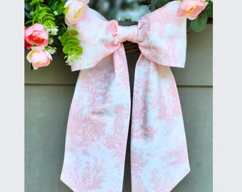 Pink Toile Wreath Bow: Embroidered Monogram Cotton Sash, Girl Bedroom Decor, Baby Shower Custom Bow, Chinoiserie Pink Ribbon