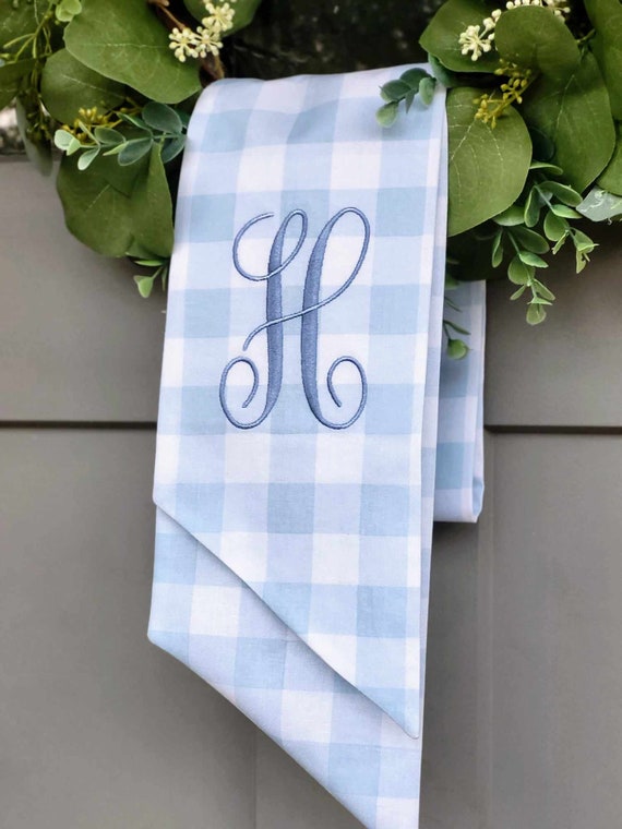 Embroidered Baby Boy Wreath Sash: Blue Gingham Nursery Decor