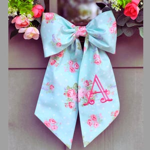 Bow Floral Wreath Sash for Front Door Aqua Bow with Pink Roses Personalized Birthday Gift for Mom Spring Porch Decor Embroidered Sash