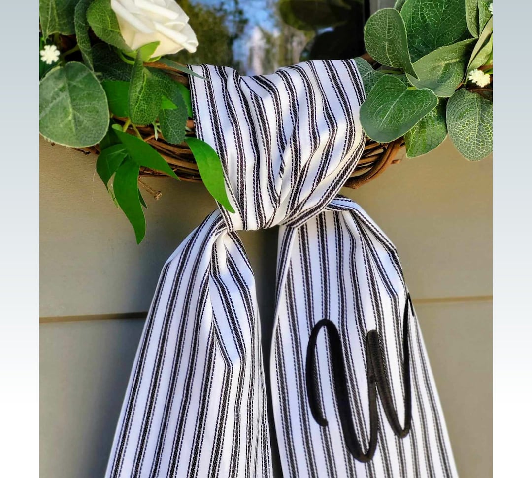 Black Ticking Stripe Wreath Sash for Front Door Modern Farmhouse Decor Striped Embroidered Scarf for Boxwood Wreath Birthday Gift for Friend - Sash 52 inch, Plain sash