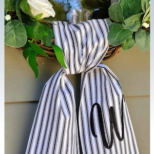 Ticking Stripe Wreath Sash for Front Door Modern Farmhouse Decor Embroidered Wreath Sash Striped Scarf for Boxwood Wreath Housewarming Gift